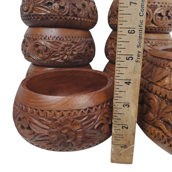 Vntg Hand Carved Wooden Salad Bowl Set. 9 Pc set. Mid-Century Modern - Picture 8 of 12